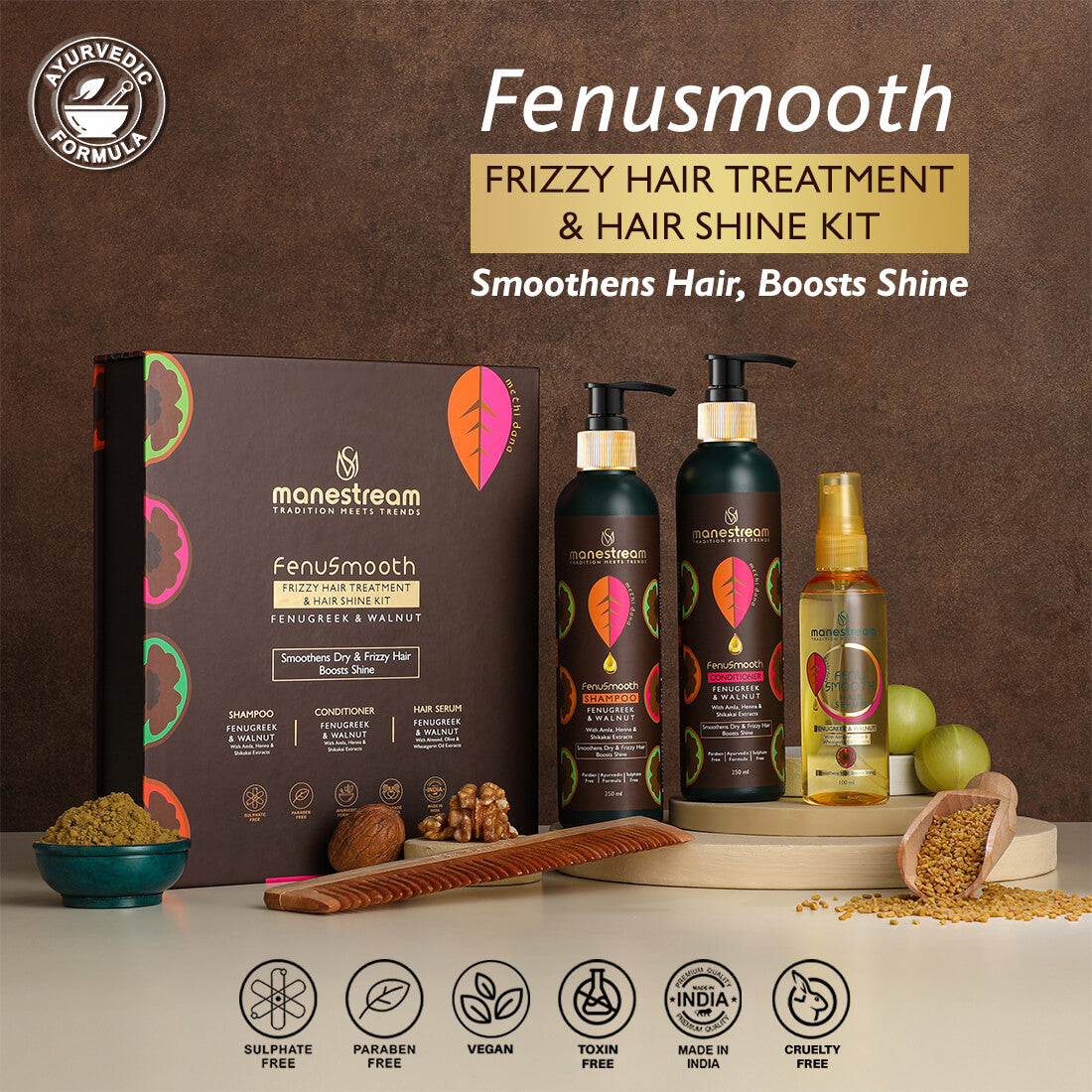 Fenusmooth Frizzy Hair Treatment & Hair Shine Kit